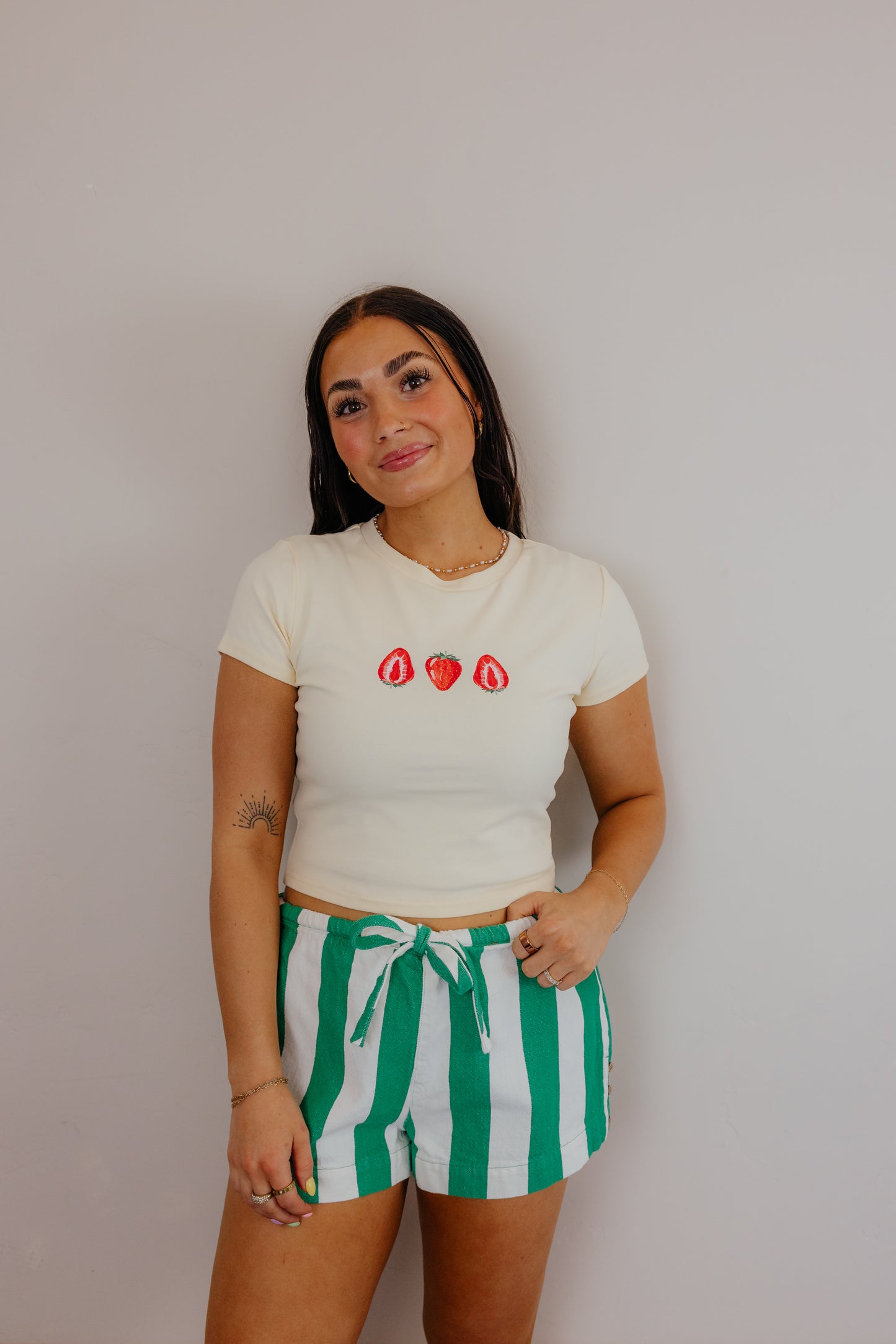 Green & White Striped Drawstring Shorts