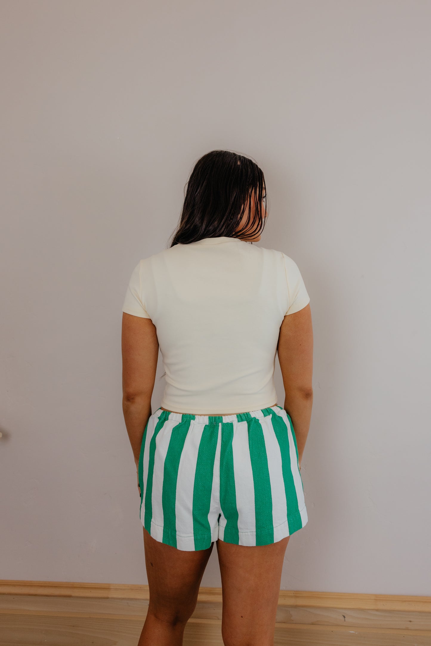 Green & White Striped Drawstring Shorts