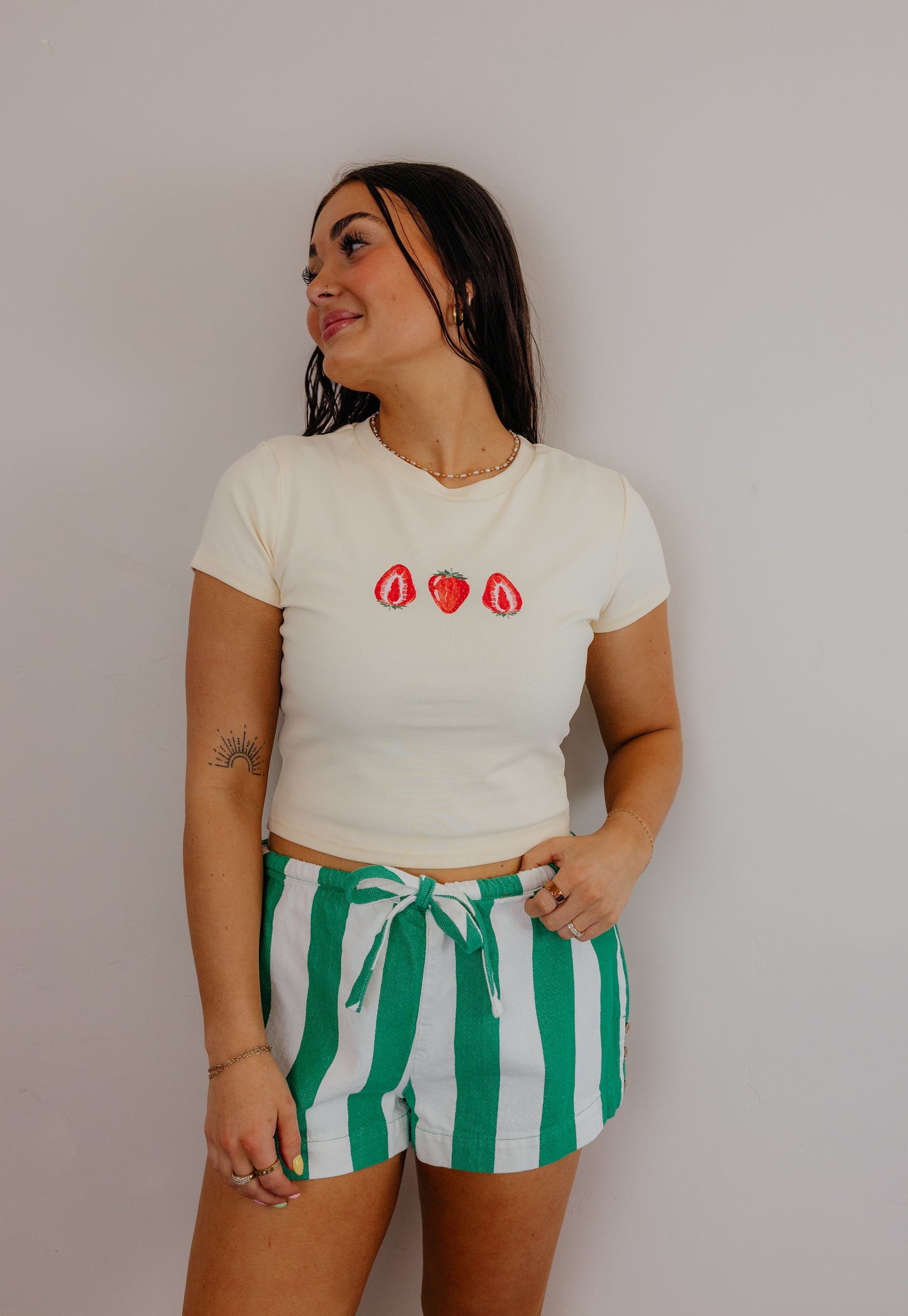 Green & White Striped Drawstring Shorts