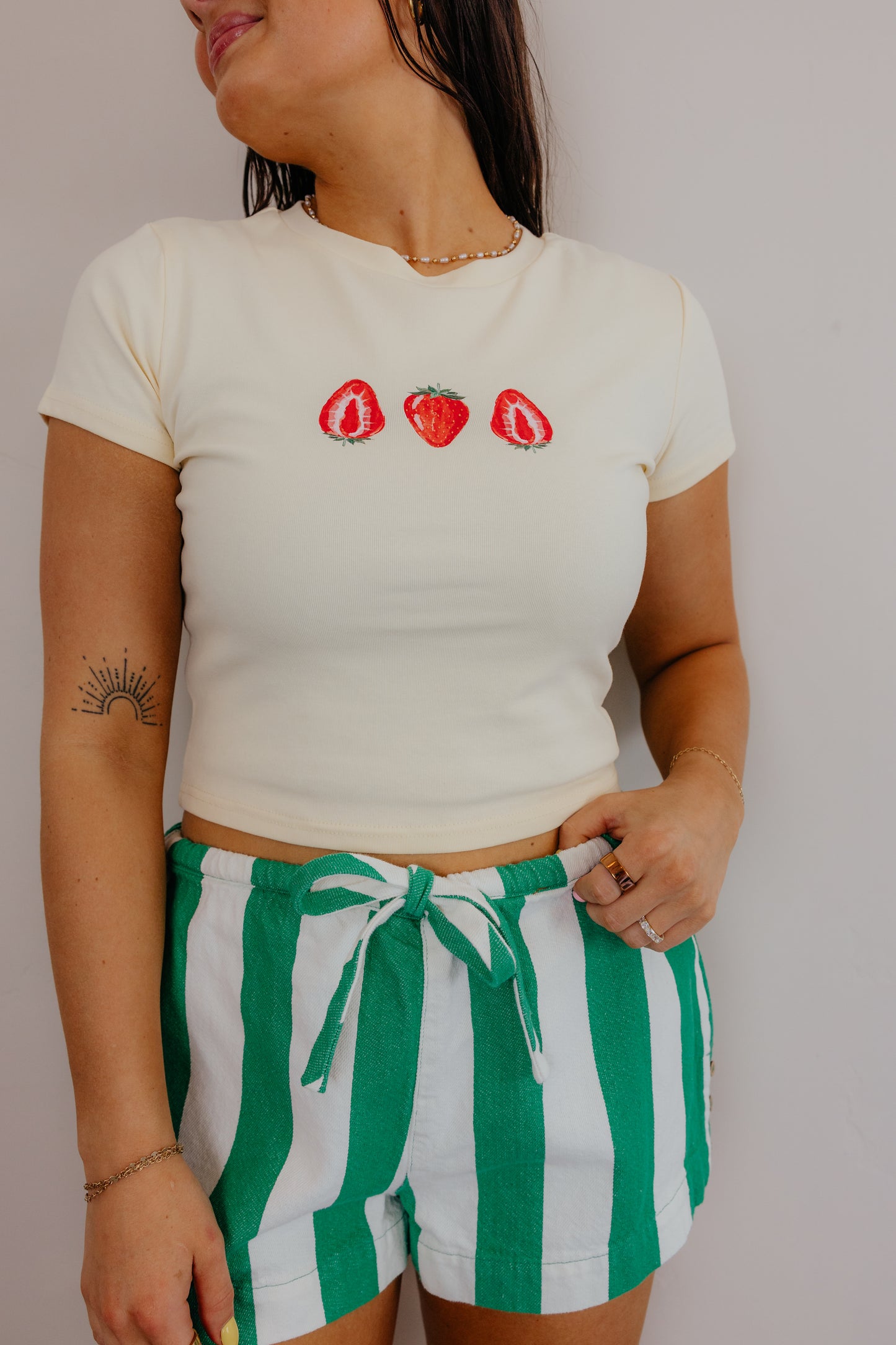 Green & White Striped Drawstring Shorts