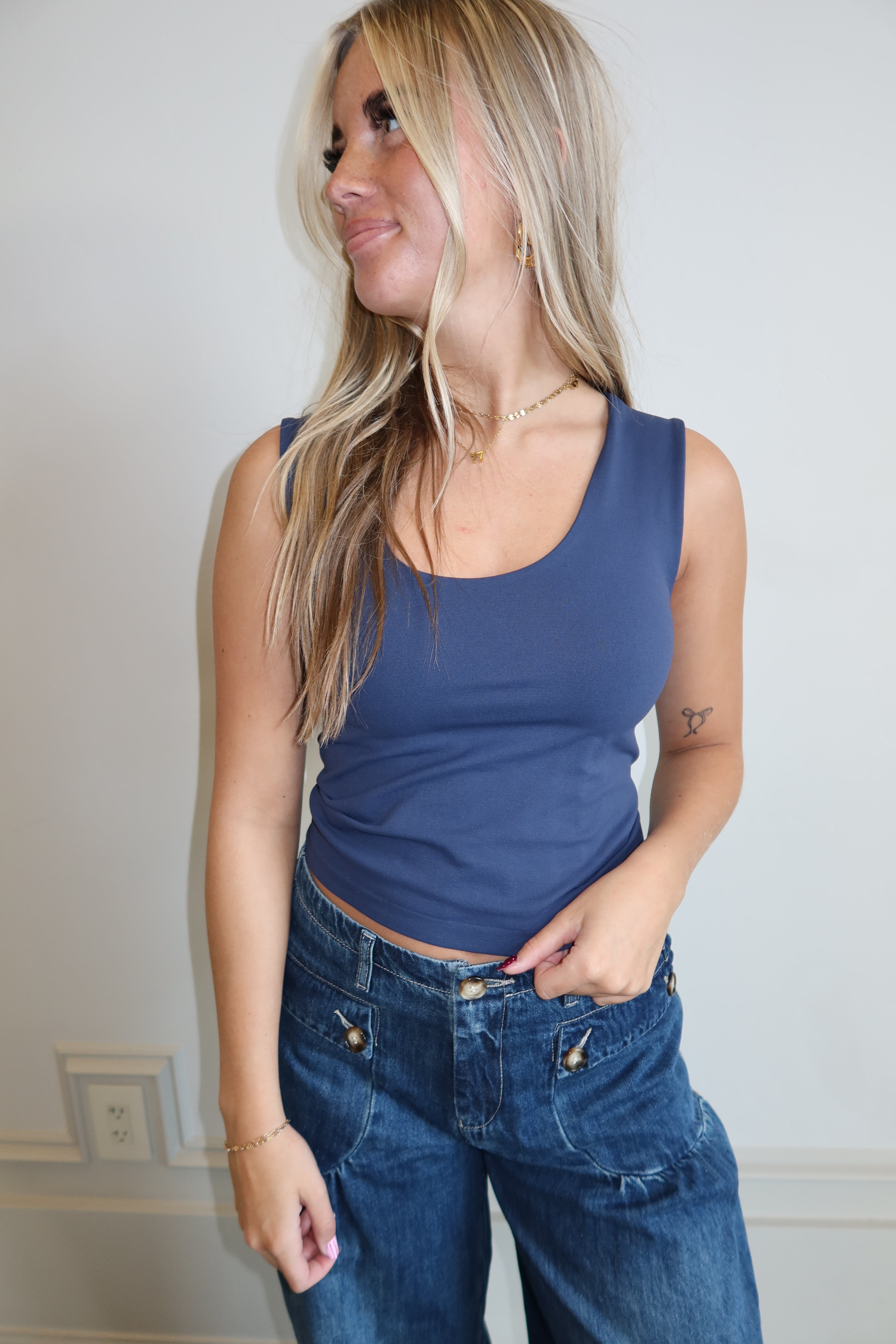 Navy wide strap tank top