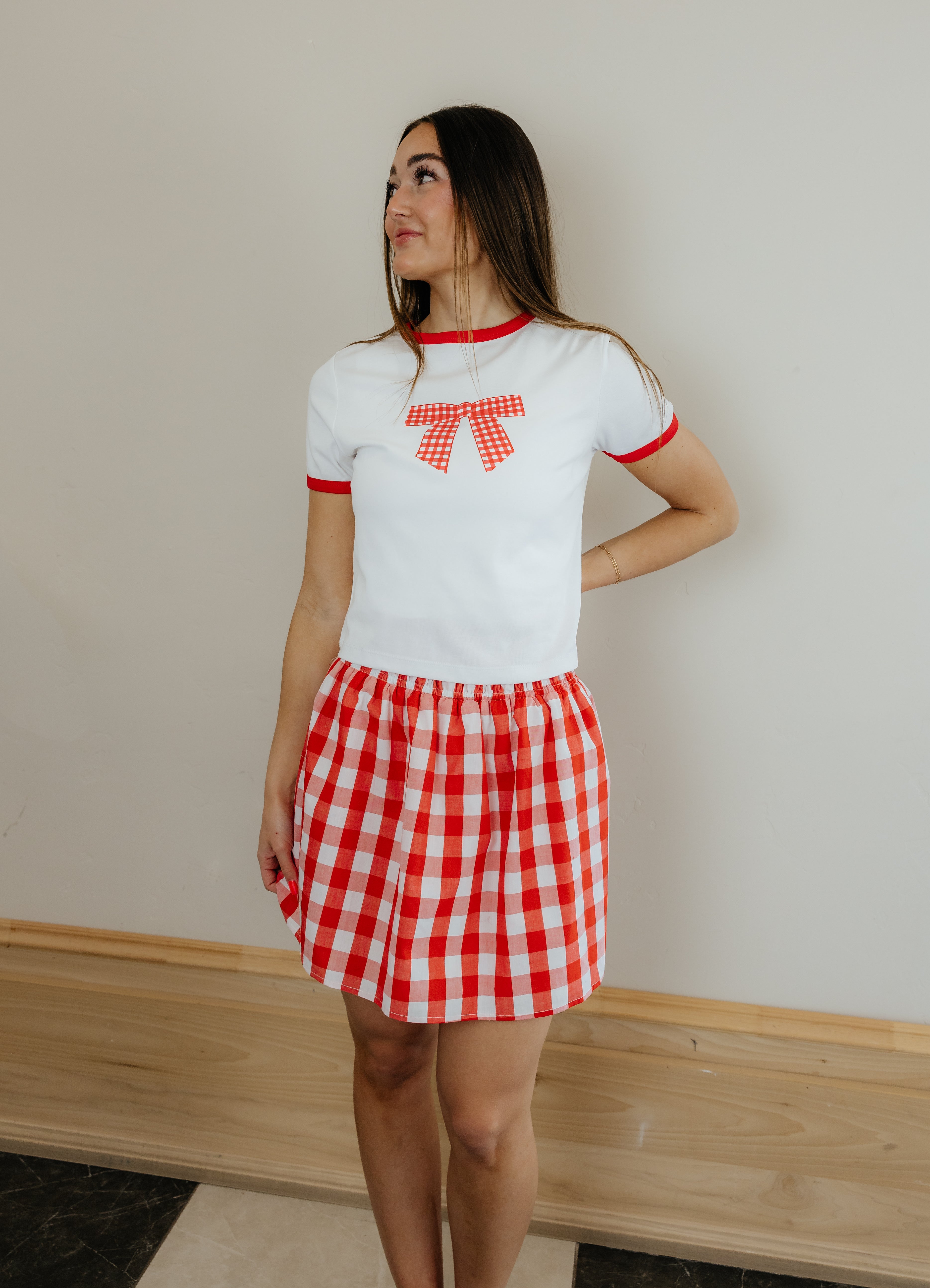 Cherry Check Bow Tee
