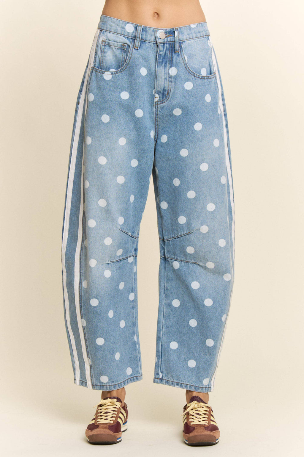 Polka Dot Side Stripe Barrel Jeans