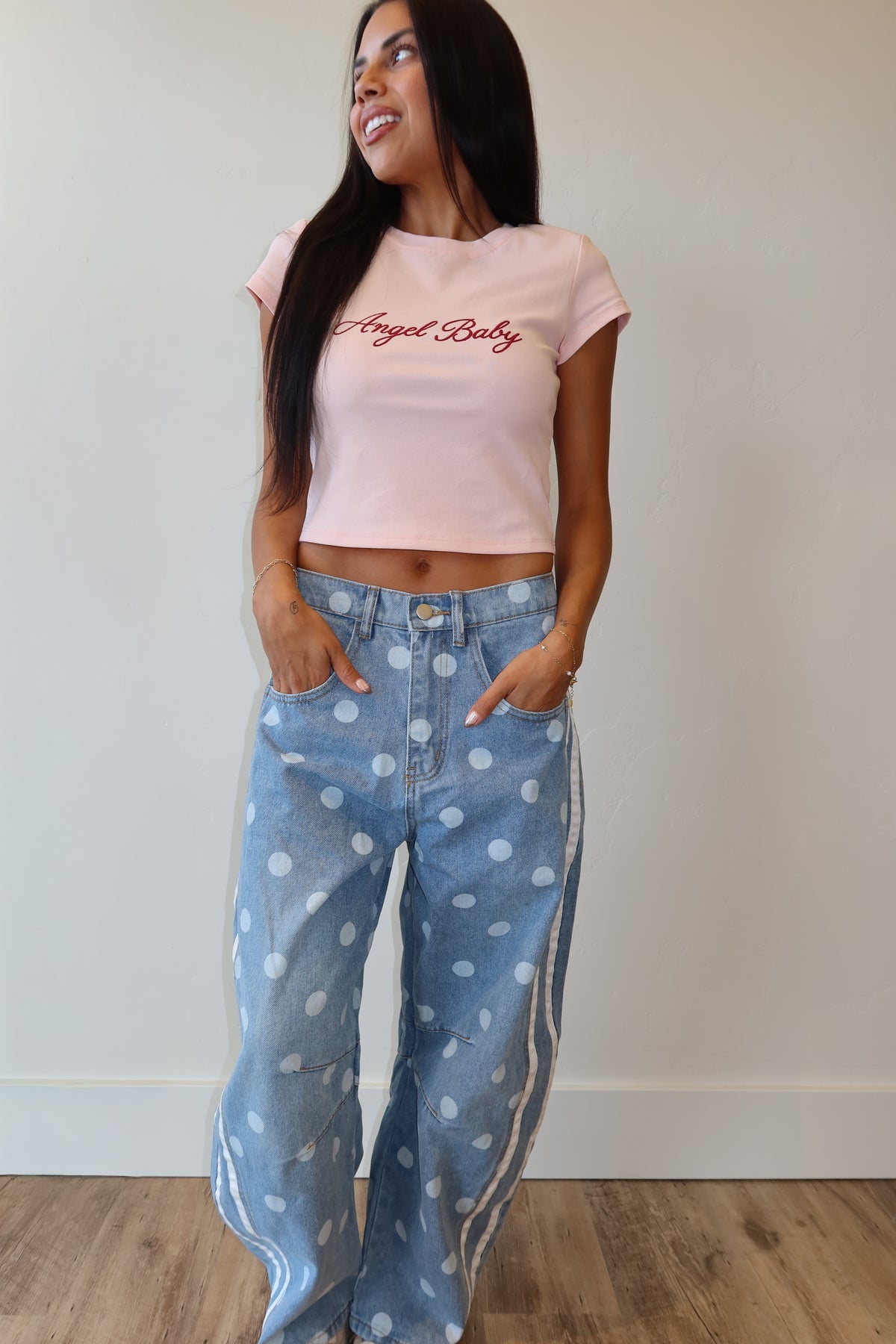 Polka Dot Side Stripe Barrel Jeans