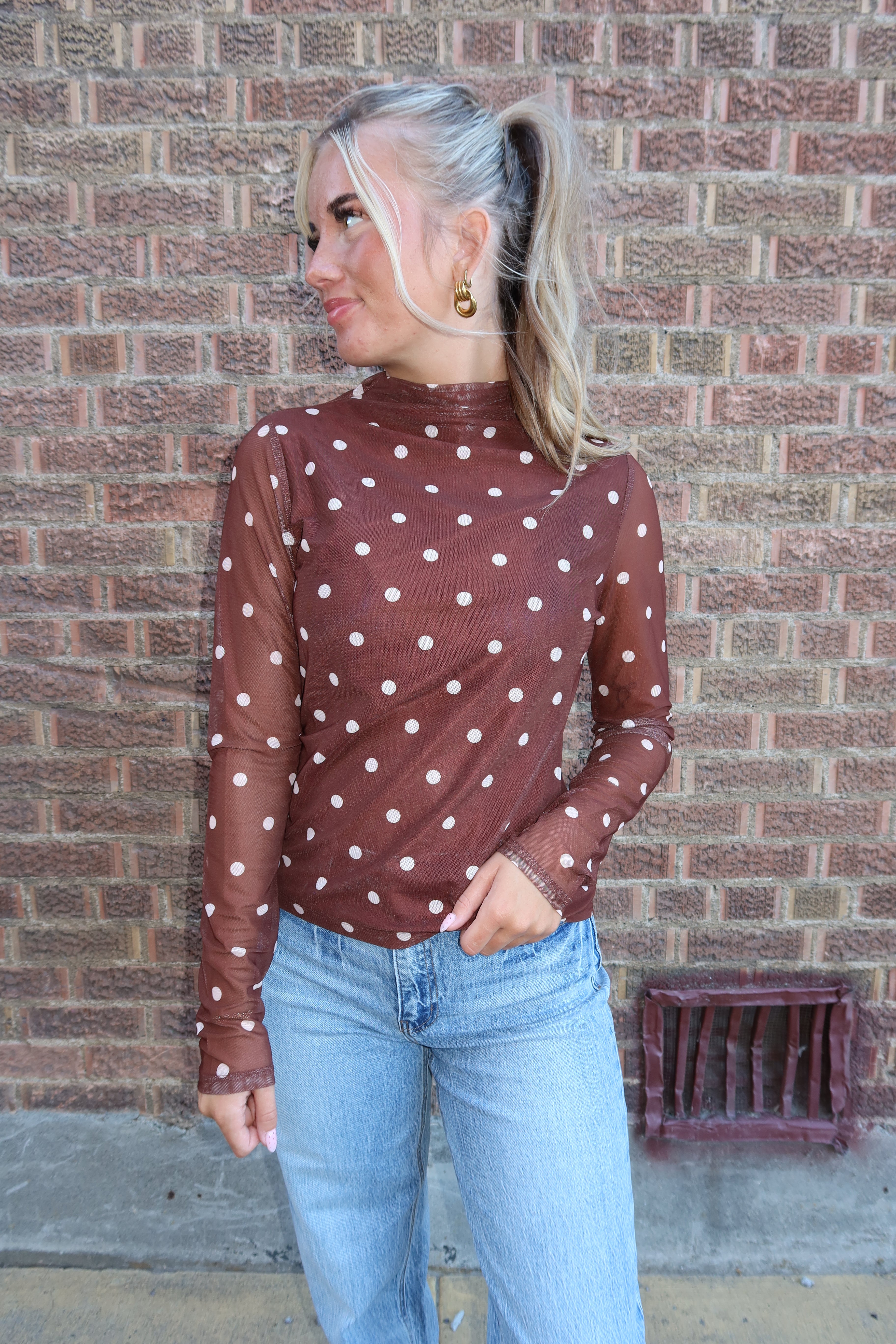 Burgundy polka dot sheer shirt