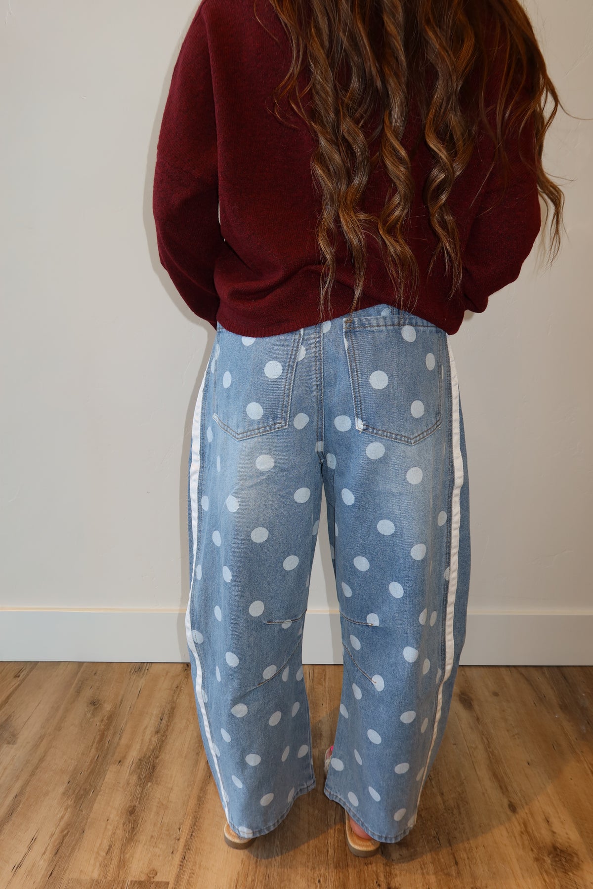 Polka Dot Side Stripe Barrel Jeans