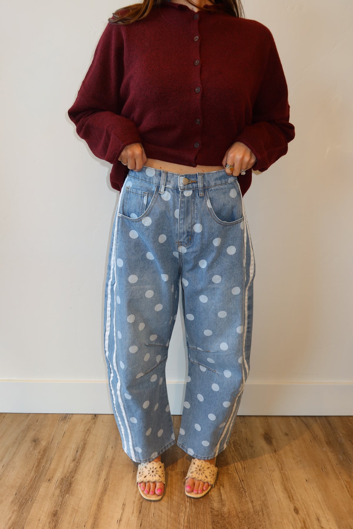 Polka Dot Side Stripe Barrel Jeans