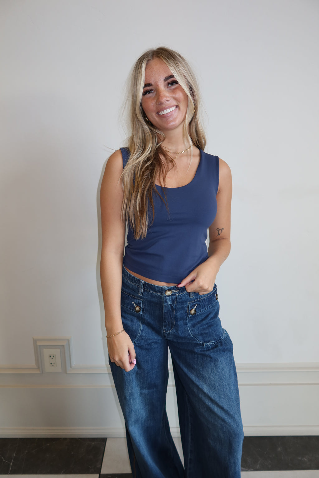 Navy wide strap tank top