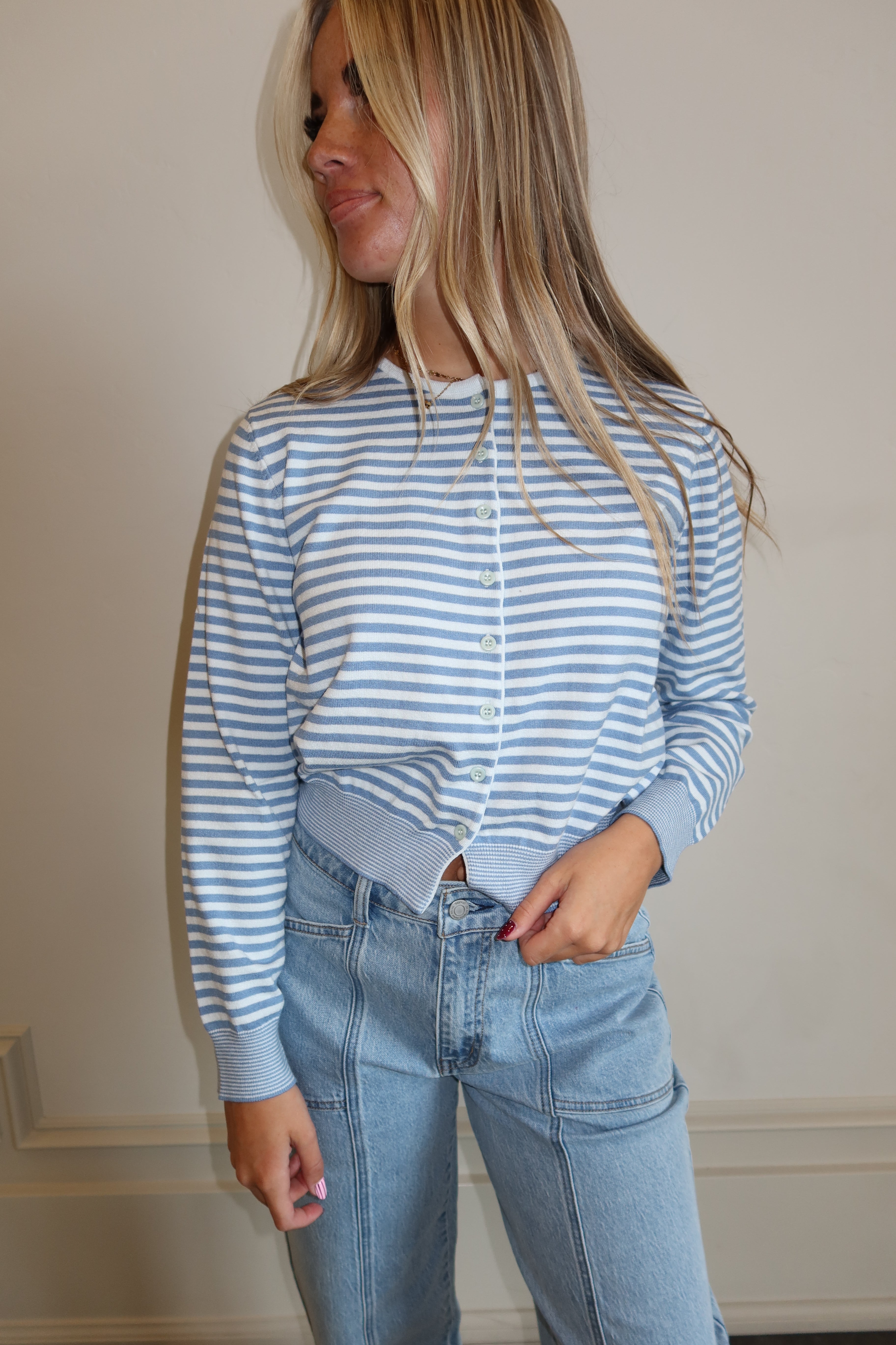 Ocean Stripe Button-Up Sweatshirt
