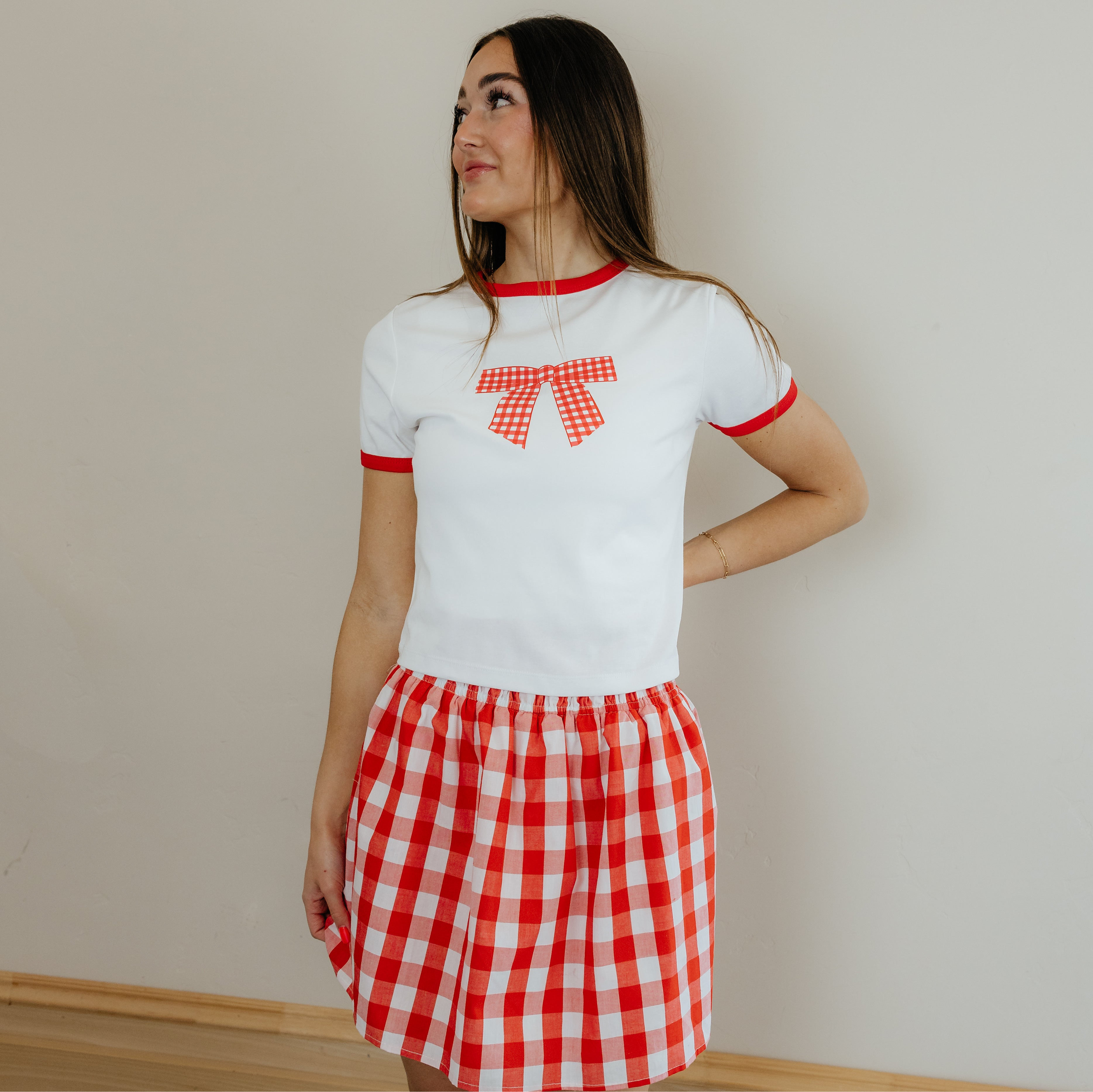 Cherry Check Bow Tee