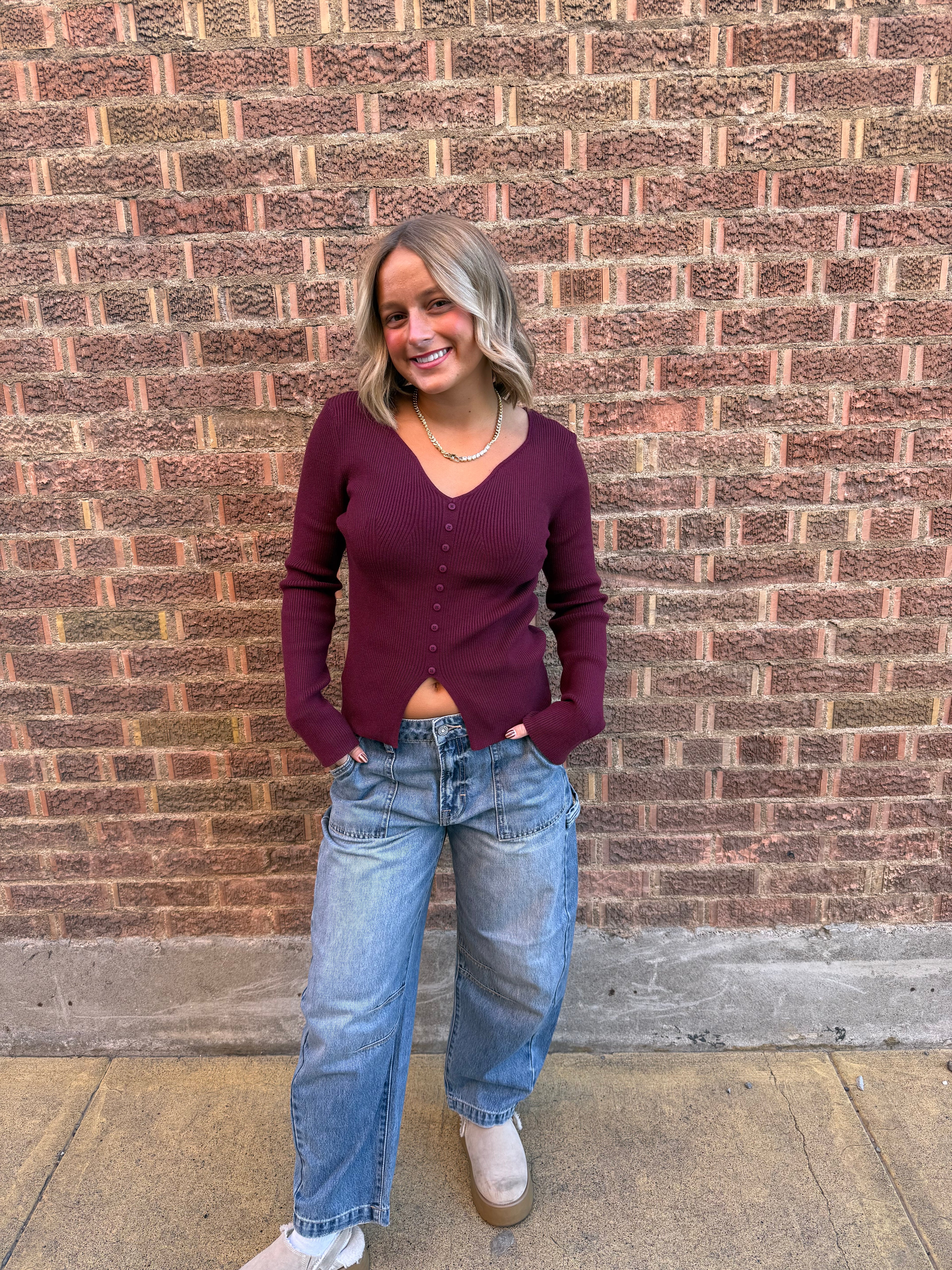 The Bordeaux Button-Down Ribbed Top