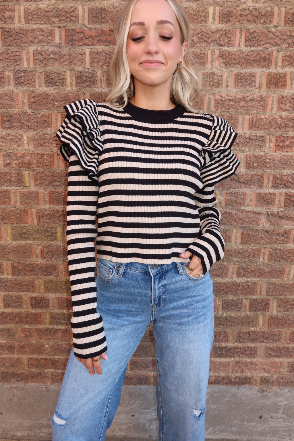 Chic Stripe Ruffle Sweater