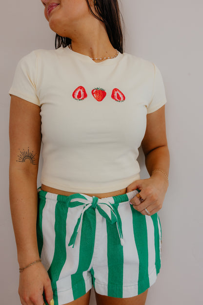 Green & White Striped Drawstring Shorts
