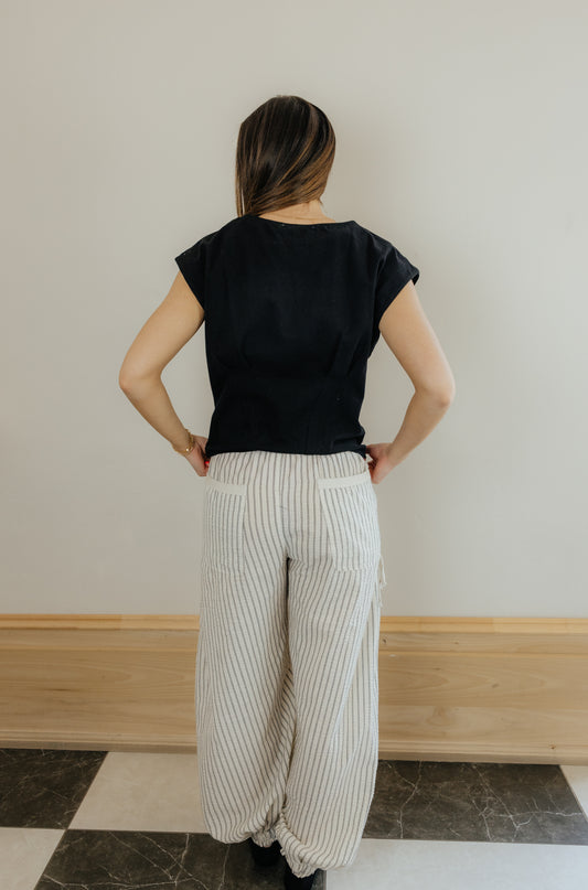 Beige Pinstripe Ruched Cargo Pants