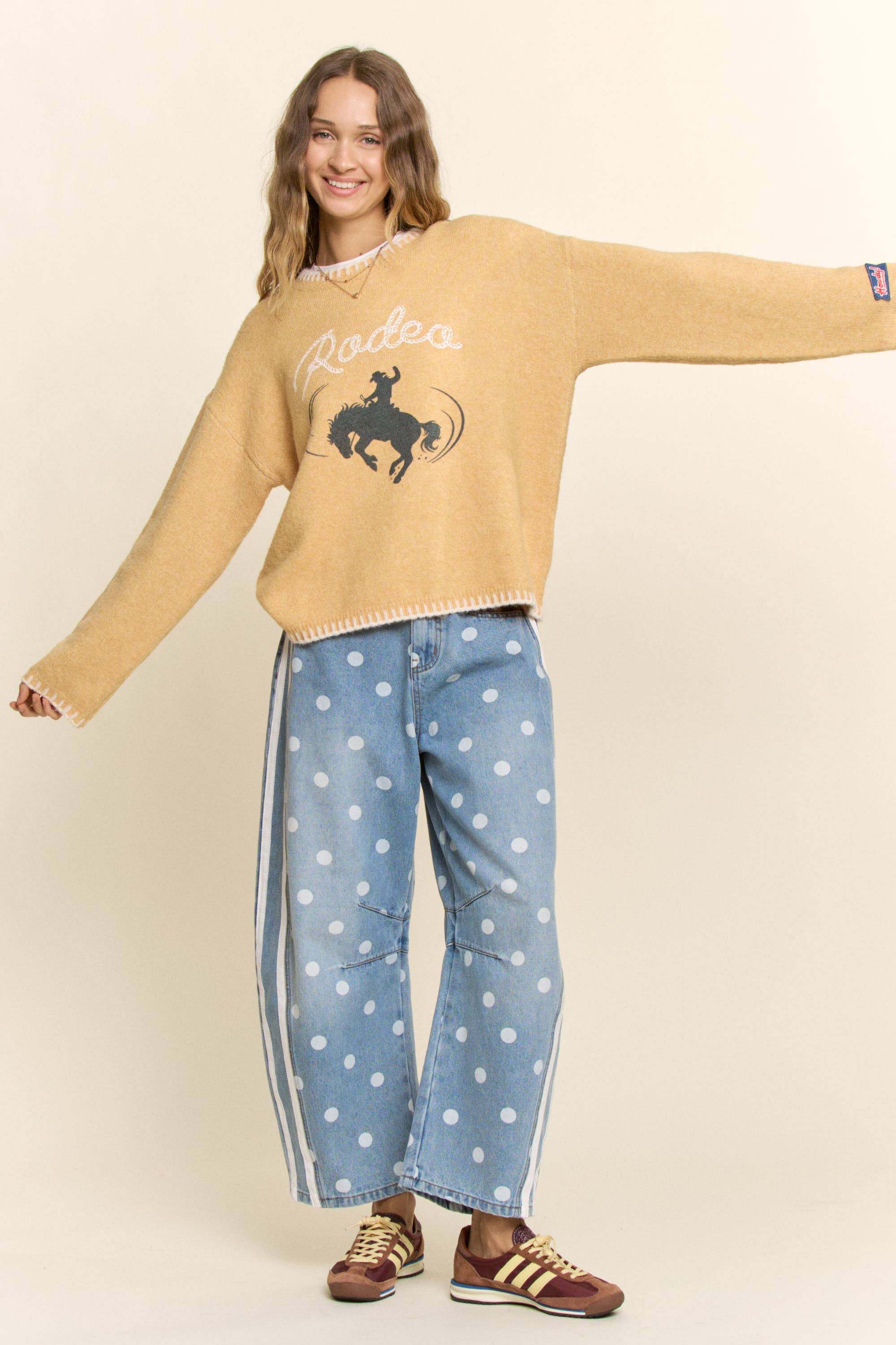 Polka Dot Side Stripe Barrel Jeans