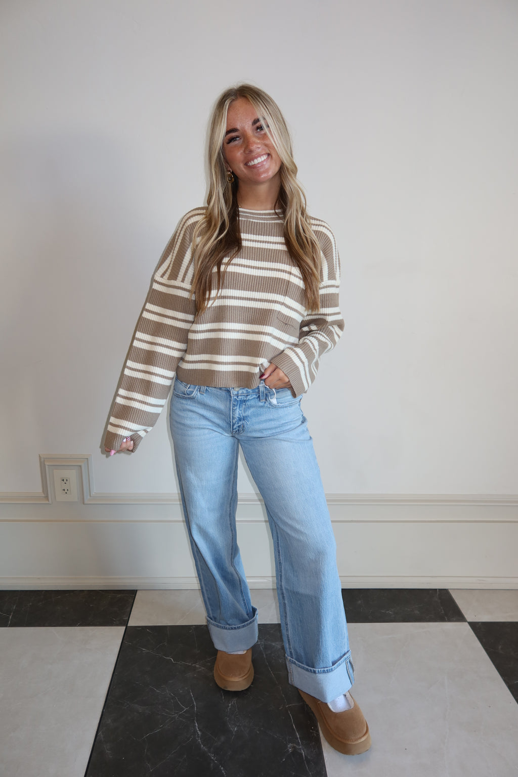 Cream & Stripe Pocketed Cropped Sweater