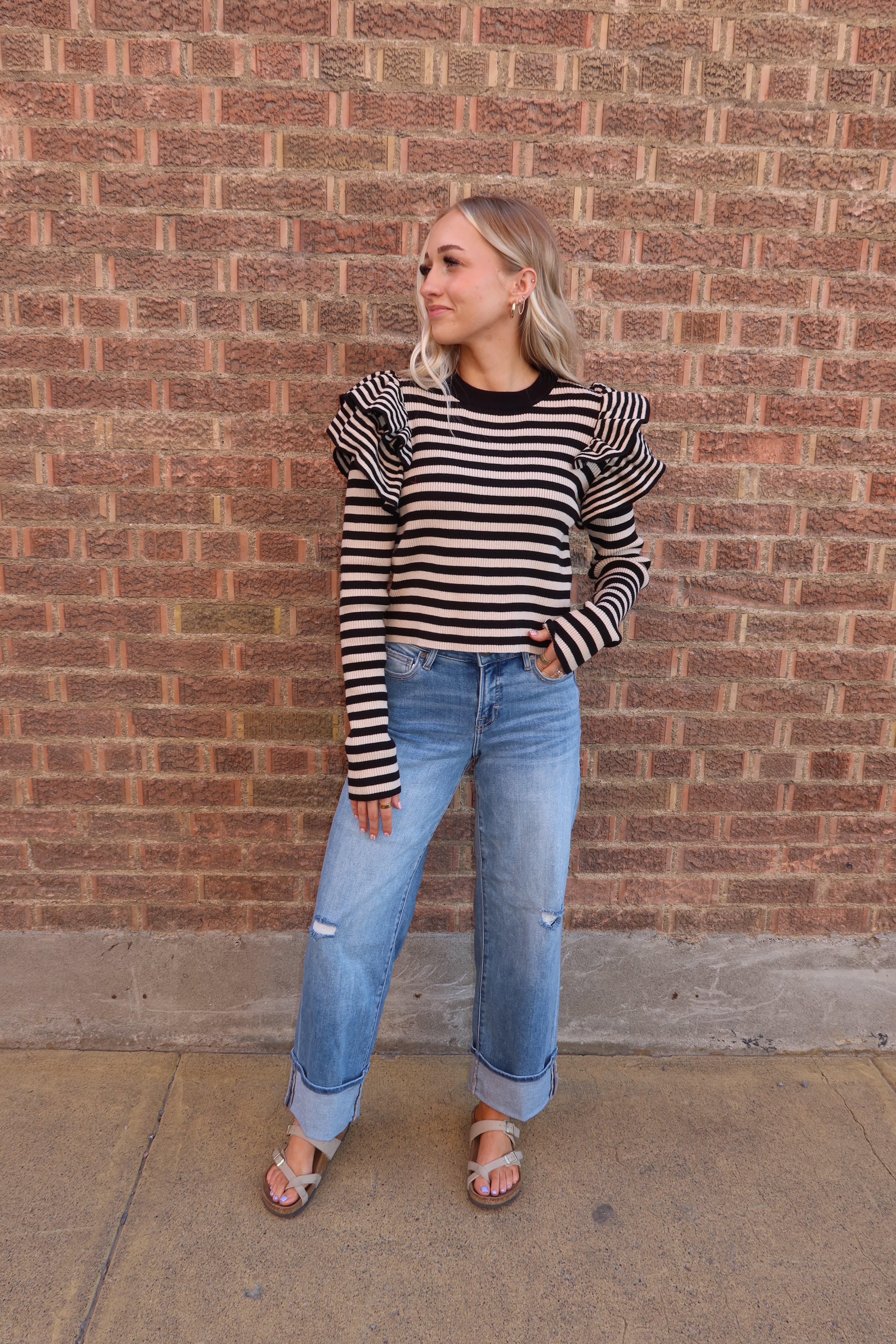Chic Stripe Ruffle Sweater