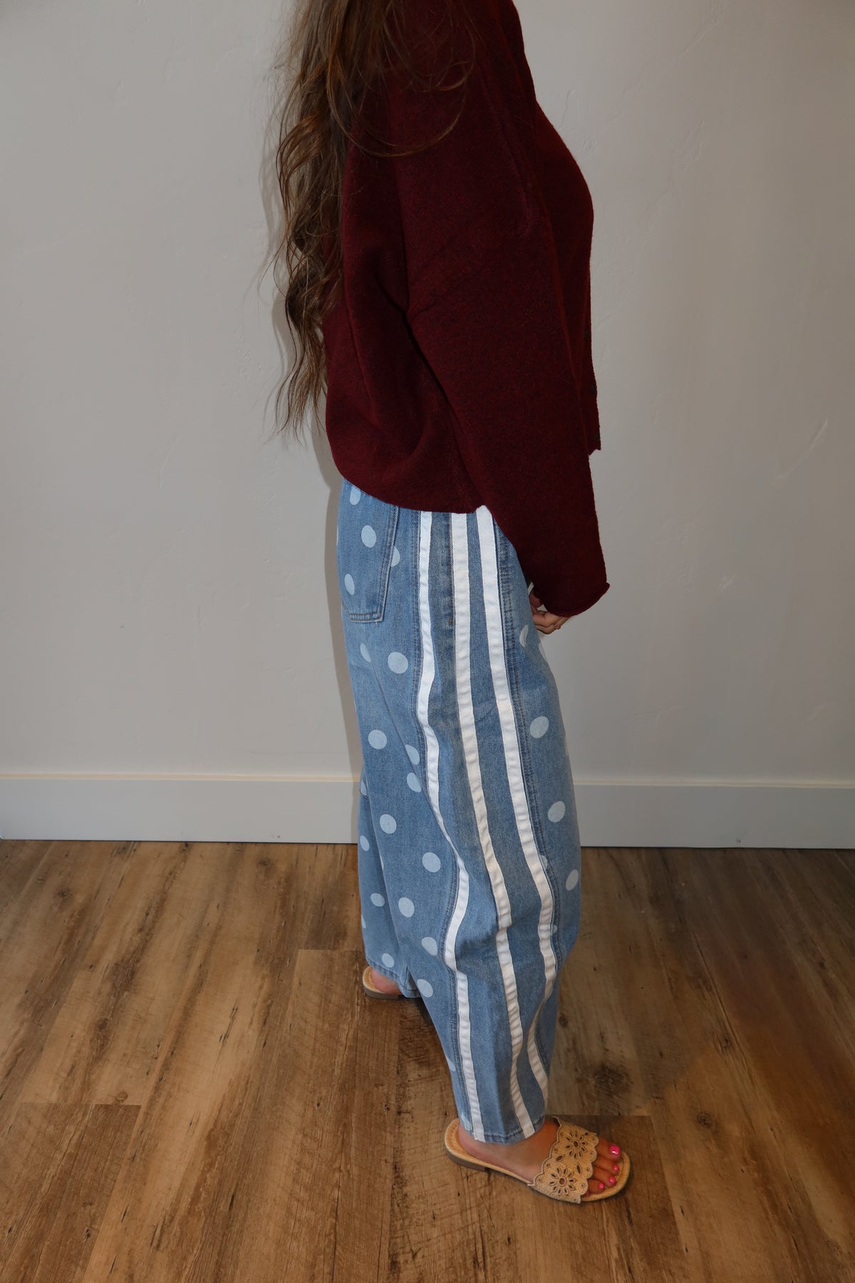 Polka Dot Side Stripe Barrel Jeans