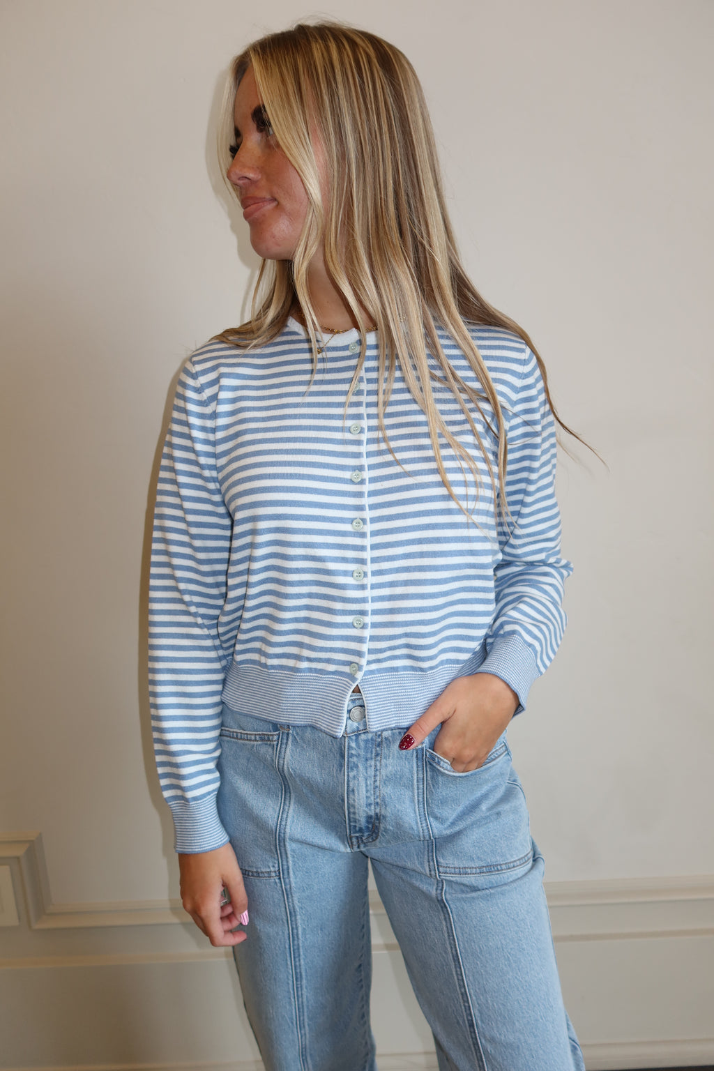Ocean Stripe Button-Up Sweatshirt