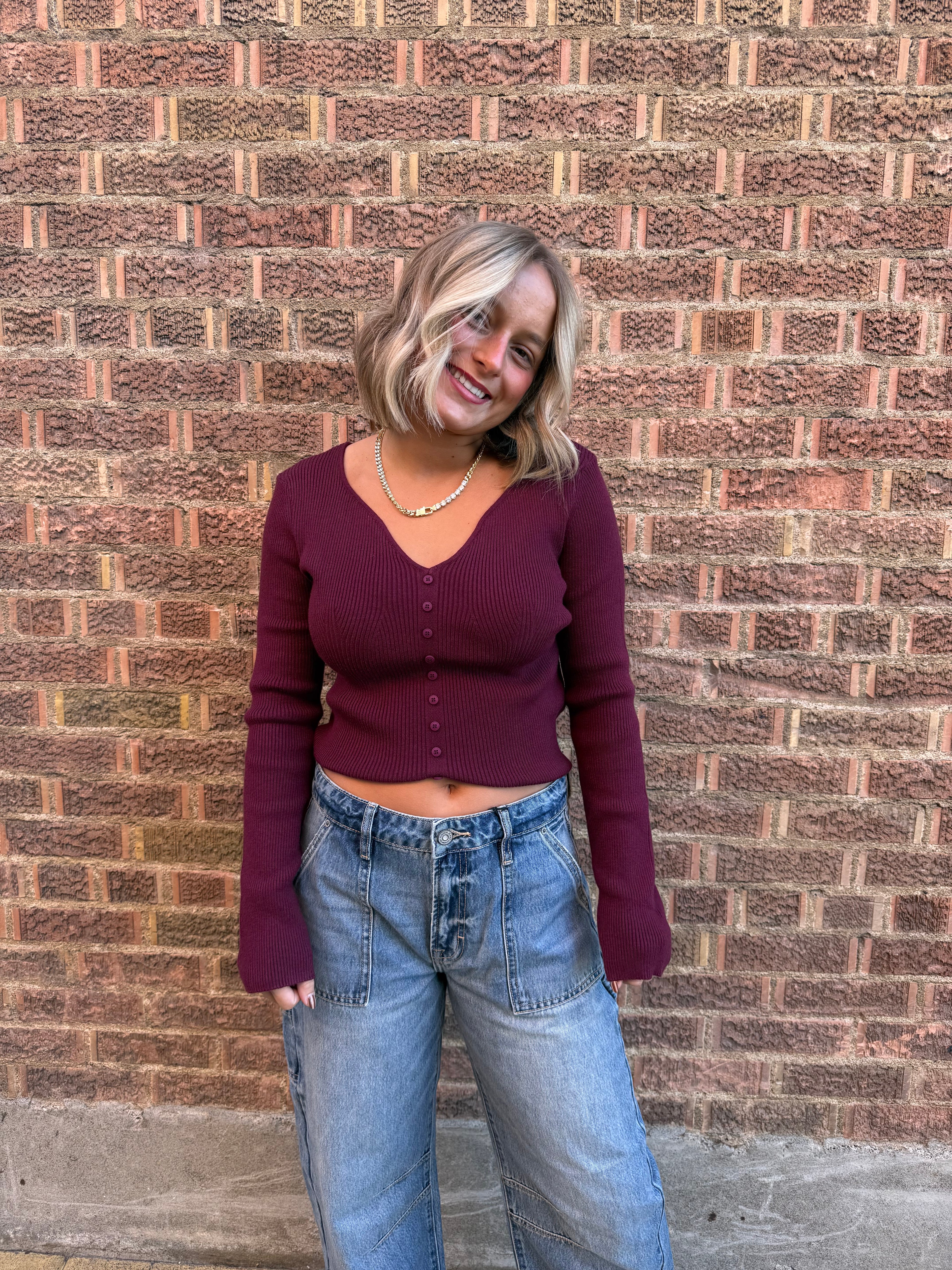 The Bordeaux Button-Down Ribbed Top