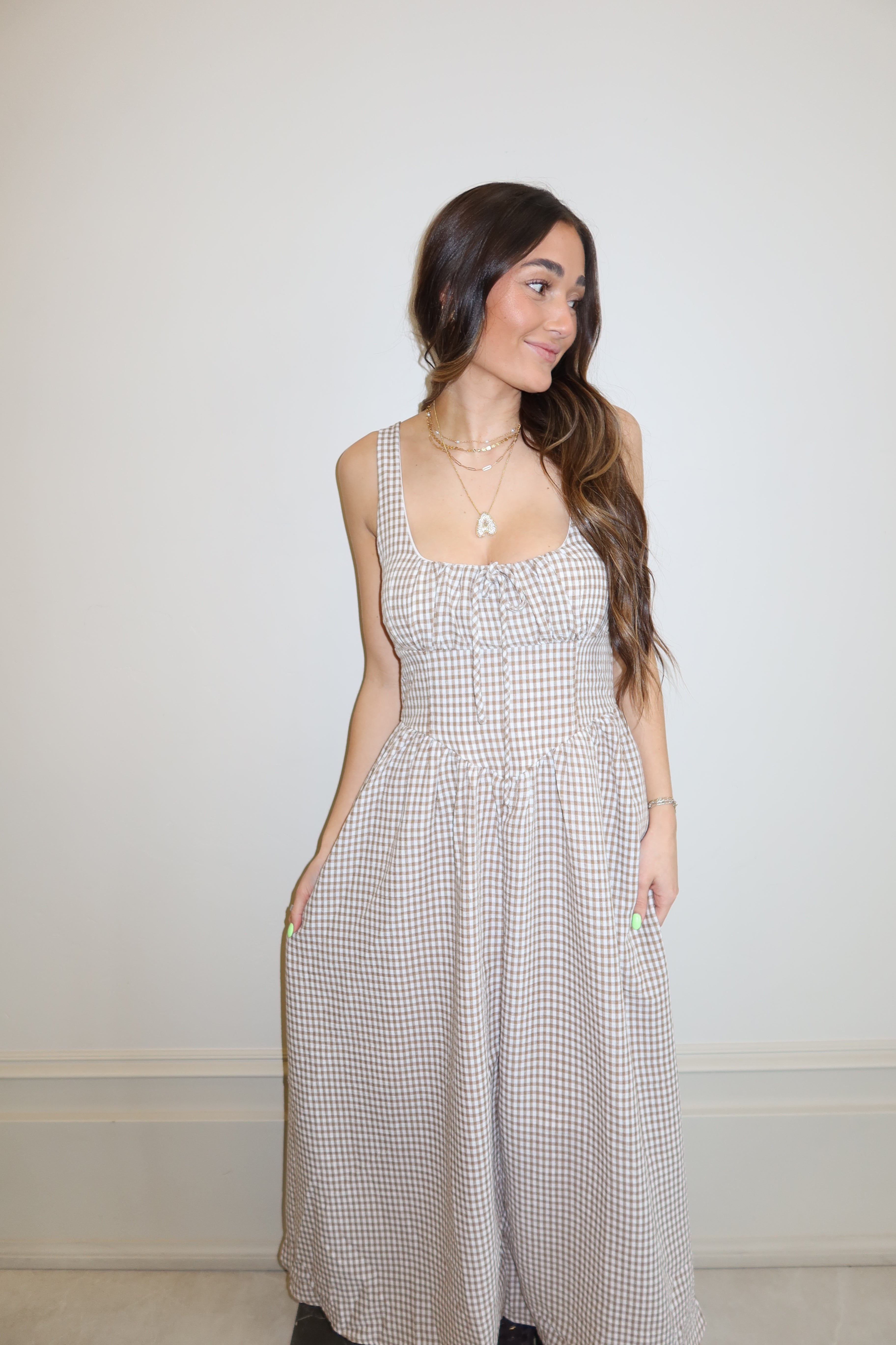 Tan stone Gingham Dress
