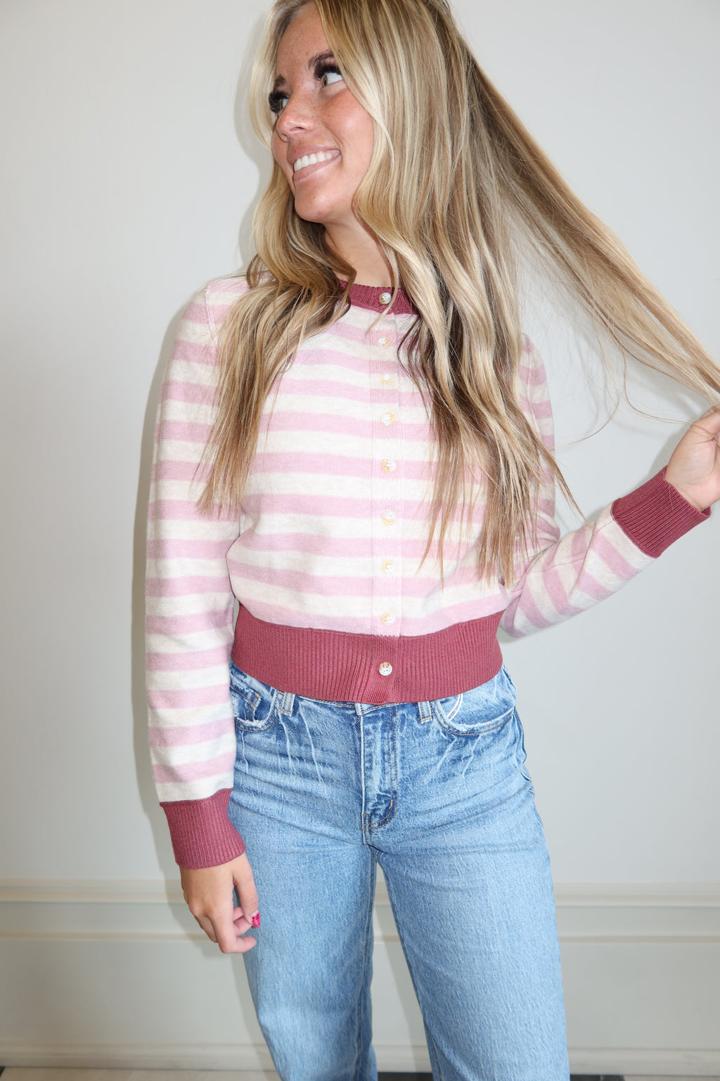 Rosette Stripe Button Sweater