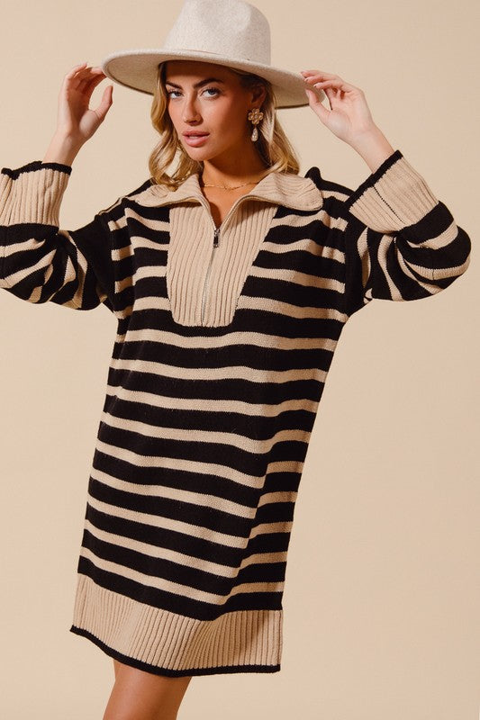 Half Zip Strip Sweater Dress