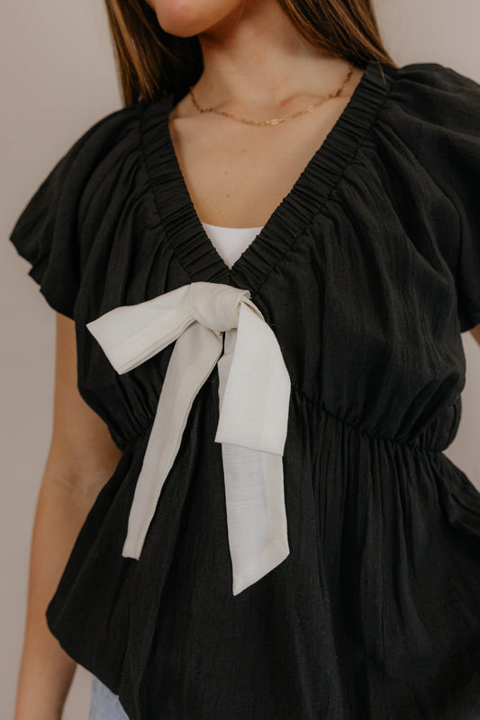 Black V-Neck Blouse with Cream Tie