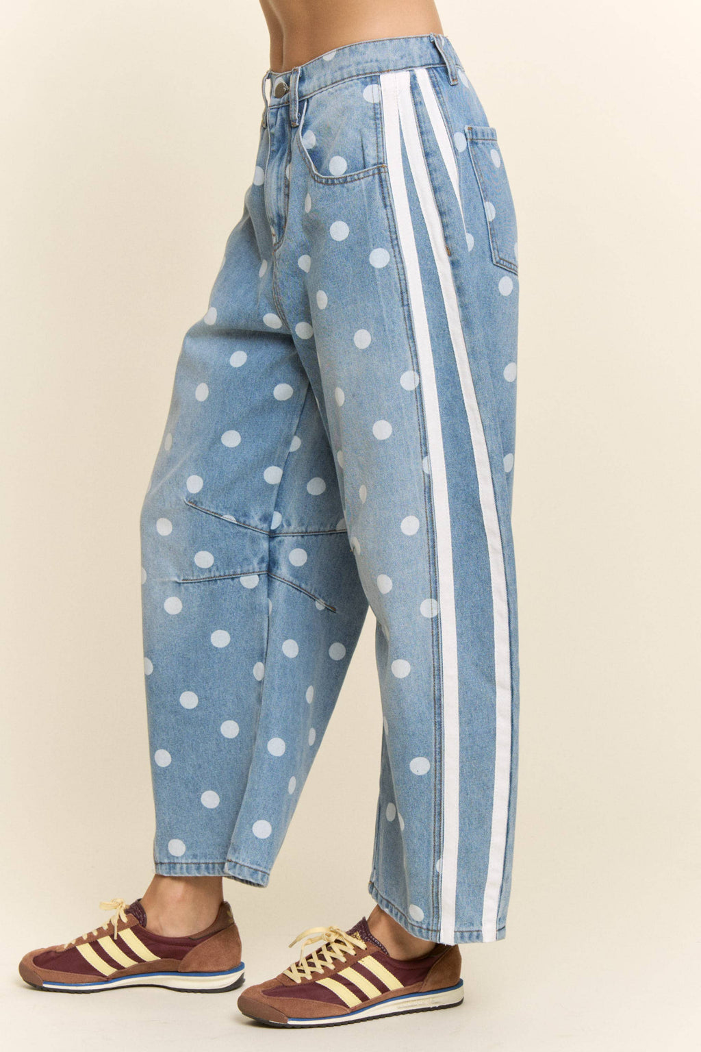 Polka Dot Side Stripe Barrel Jeans