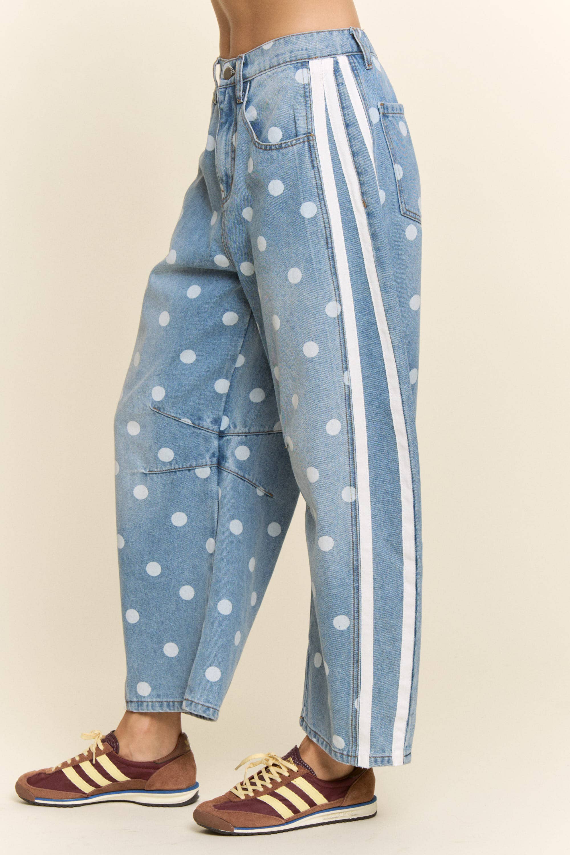 Polka Dot Side Stripe Barrel Jeans