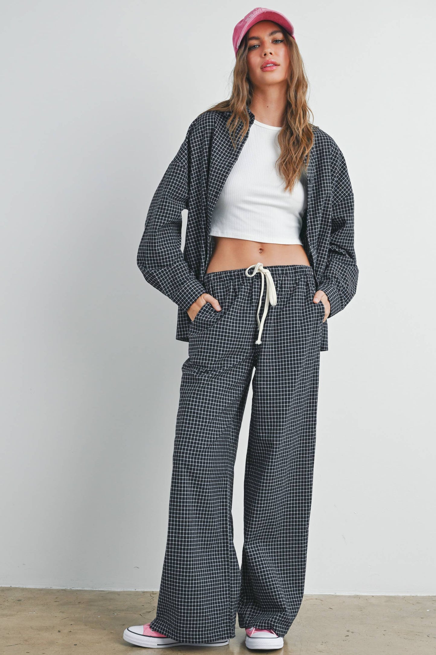 High Waisted Drawstring, Checked Pants