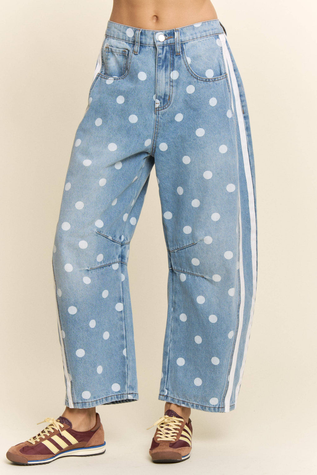 Polka Dot Side Stripe Barrel Jeans