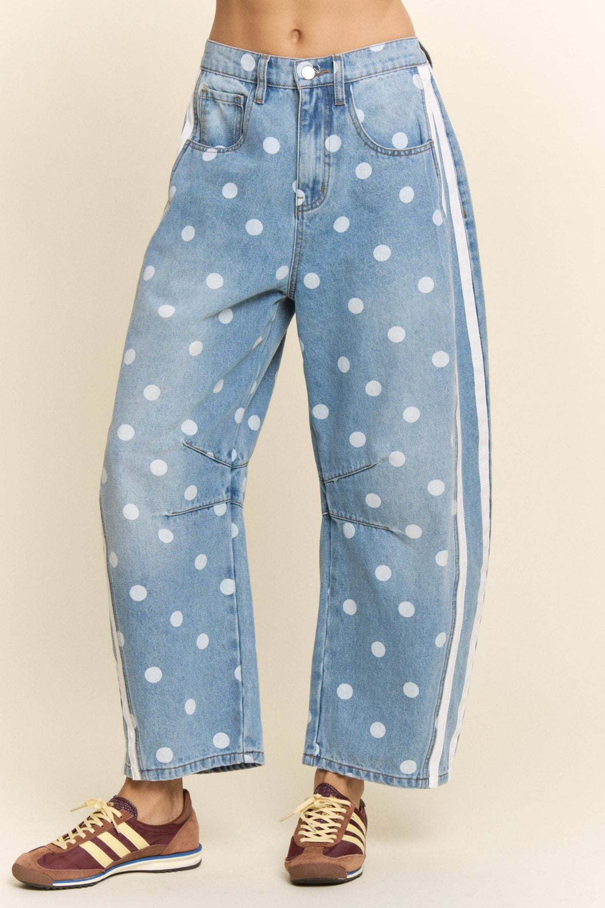 Polka Dot Side Stripe Barrel Jeans